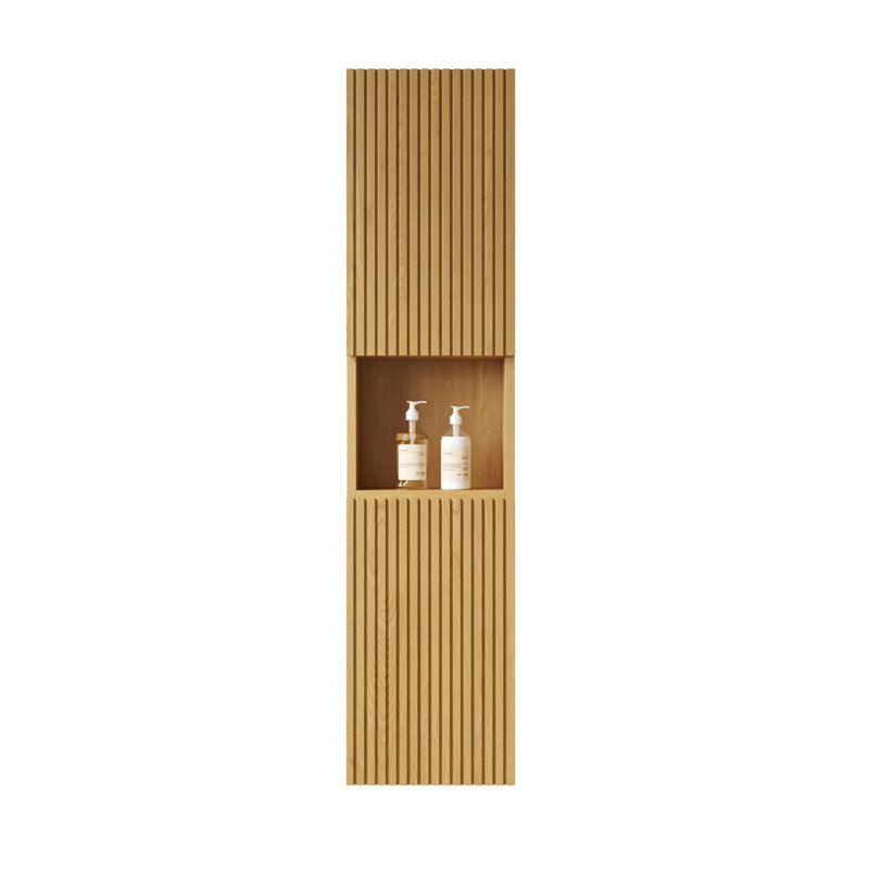Bathroom Wall Cabinet In Oak - 59" Tall Narrow With Doors And Shelves For Small Spaces Mounted Organized Storage