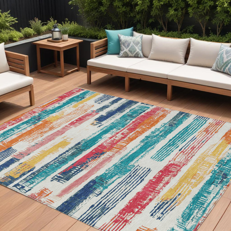 Tapis intérieur lavable rayé ivoire bleu sarcelle 8 pi x 10 pi ivoire