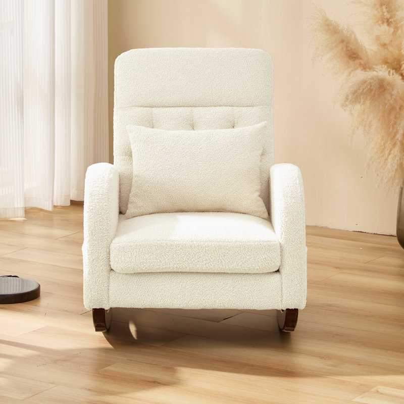 Beige Teddy Fleece Rocking Chair with Solid Wood Base