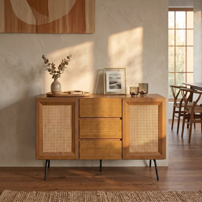  NTC Mossic Sideboard with 2 Doors and 3 Drawers, Buffet Cabinet with Natural Rattan and Metal Legs, Modern Storage Cabinet for Living Room, Dining Room, and Hallway, Effortless Assembly