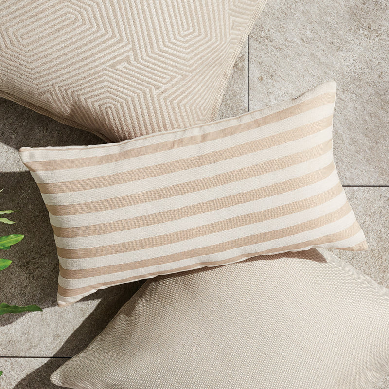 Striped Indoor/Outdoor Reversible Throw Pillow, Rectangular 12"H x 22"W, Khaki/Cream