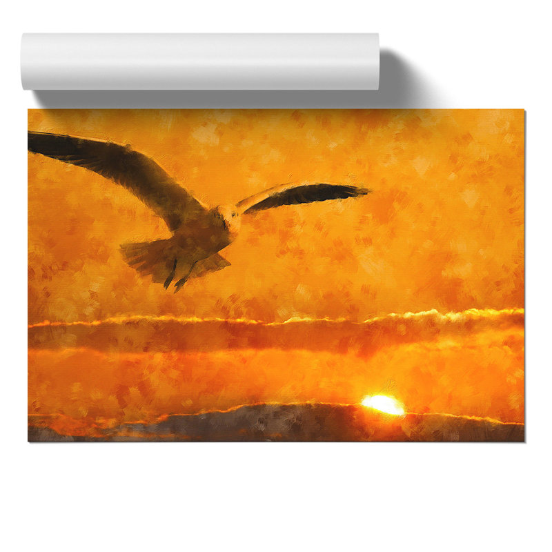 Seagull and Orange Sunset Painting - Frameless Print, 21cm H x 30cm W x 0.1cm D