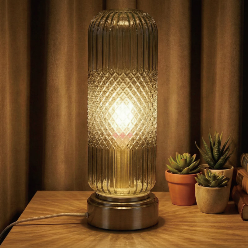 Lampe de table tactile en verre à ondulation avec base en laiton antique, Fumé