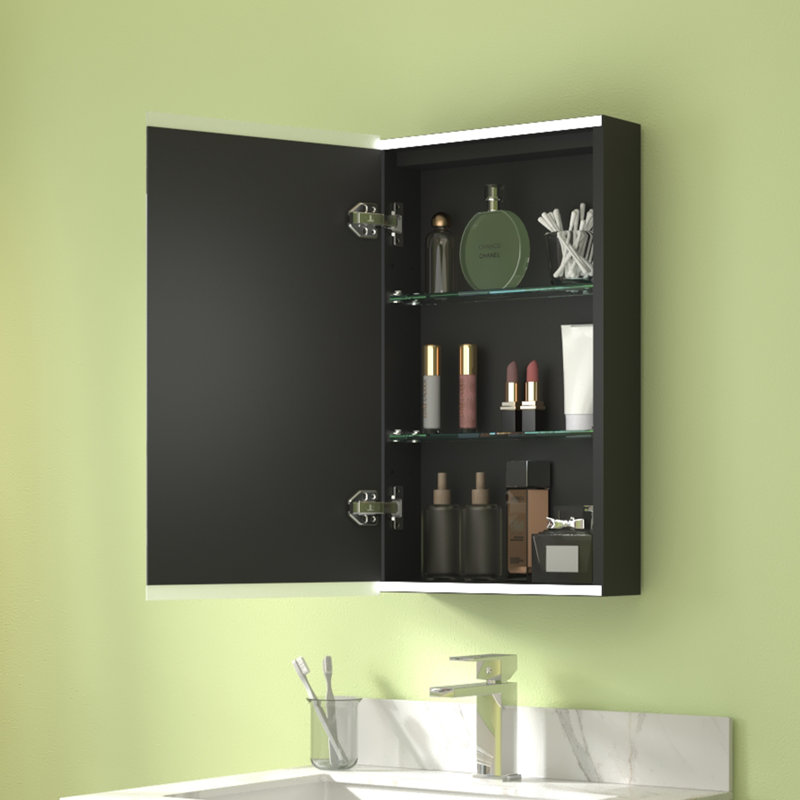 Surface Mount Frameless LED Medicine Cabinet with Mirror and 2 Adjustable Shelves, Left, 26" H x 15" W x 4.25" D