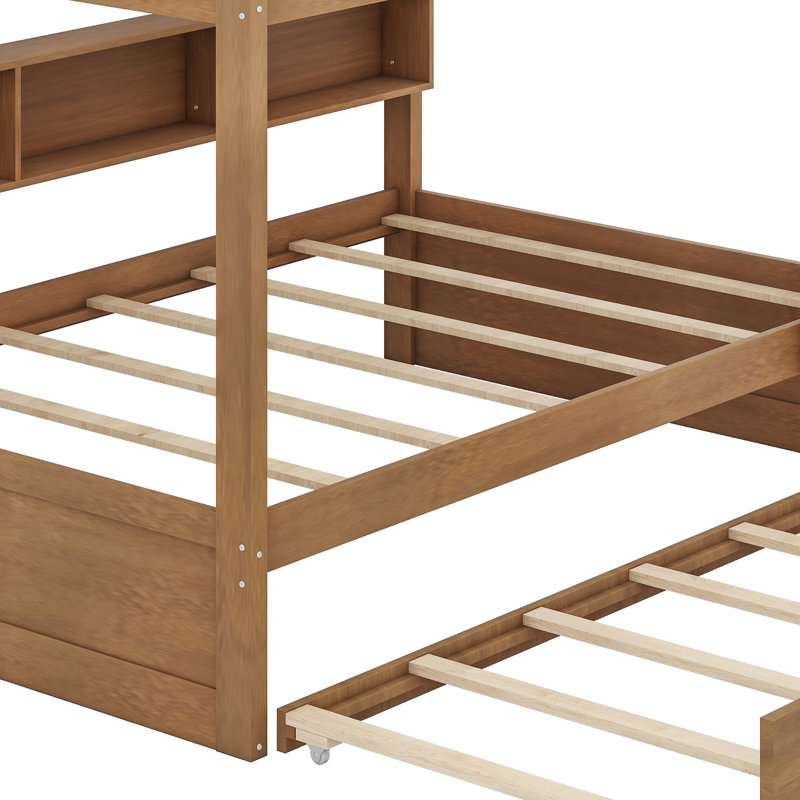 Space-Saving Bunk Bed Frame Featuring Integrated Pull-Out Trundle, Wood