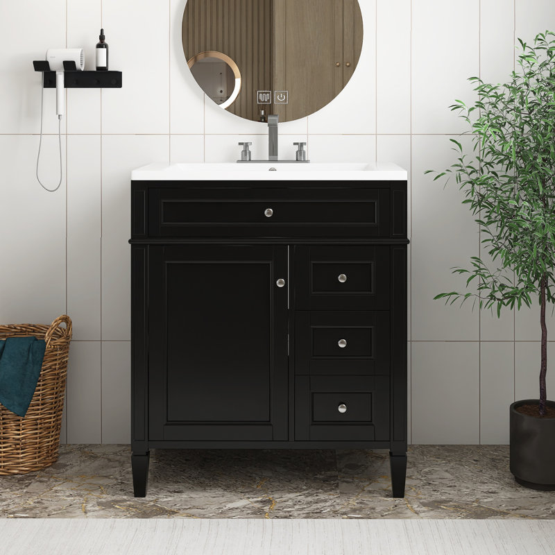 Meuble-lavabo noir avec lavabo supérieur, meuble-lavabo moderne avec 2 tiroirs et un tiroir basculant, meuble-lavabo simple