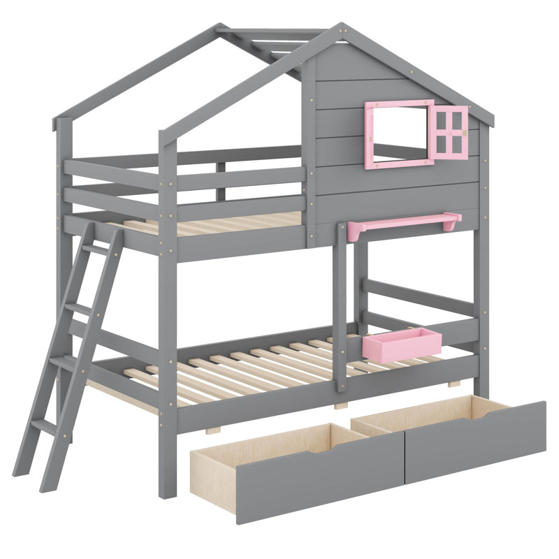 Practical Twin - Over - Twin Bunk Bed Two Built - In Drawers, Grey