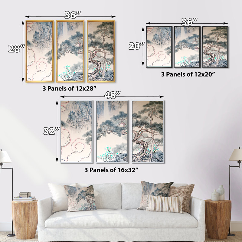 Arbre chinois chinois, art mural sur toile à motif floral, ensemble de 3, H 20 po x l 36 po, Or