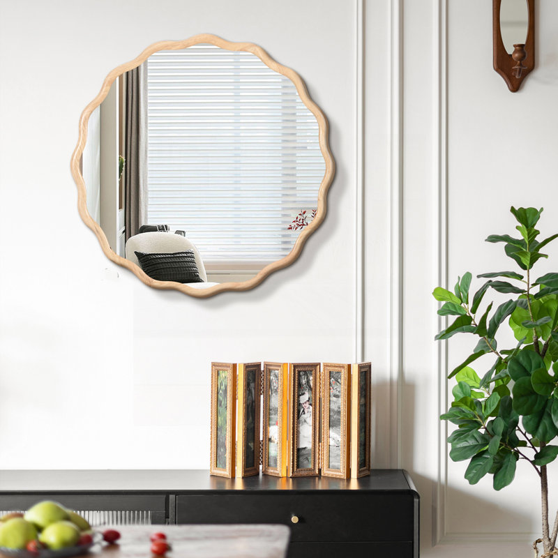 Miroir ondulé en bois massif, 31 po x 31 po, Bois naturel