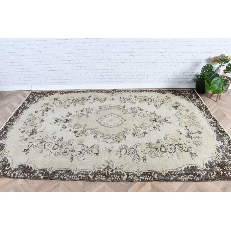 Grand tapis turc beige Oushak pour la salle à manger - Tapis en laine noué à la main de style rétro avec des motifs traditionnels élégants et des tons naturels chaleureux