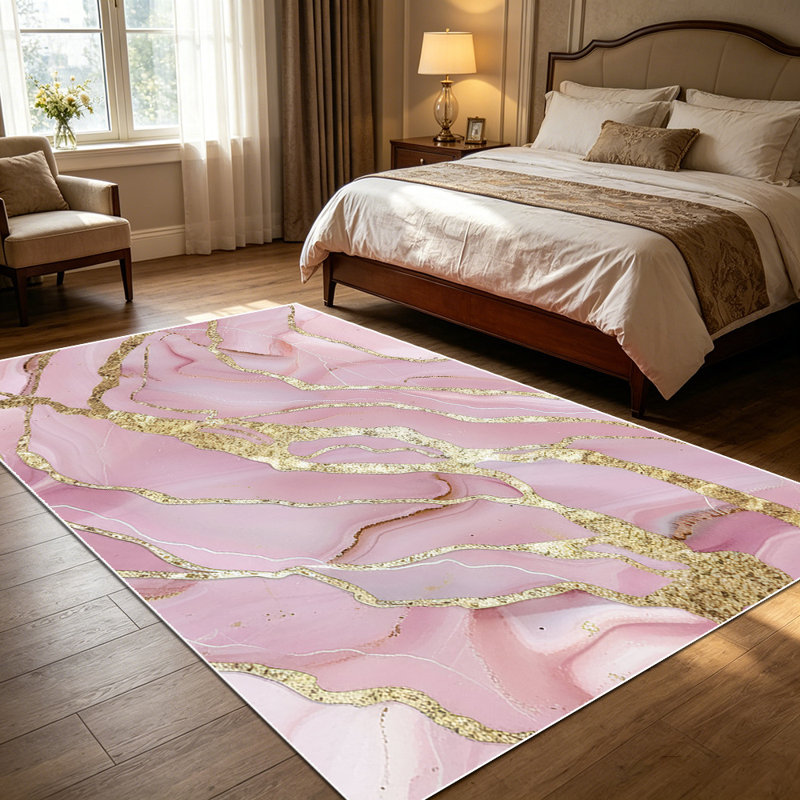 1PC Pink Gold Glitter Veined Marble Abstract Alcohol Ink area rugs for Living Room, Soft and Comfortable, Suitable for all seasons, easy-to-maintain, machine washable Indoor floor mat, Under Table Farmhouse suitable for dining room, bedroom,