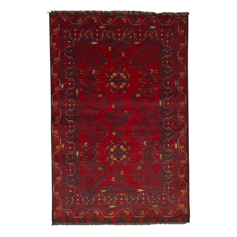 Tapis rouge / brun / noir en laine noué à la main de conception unique 3 pi 2 po x 4 pi 11 po
