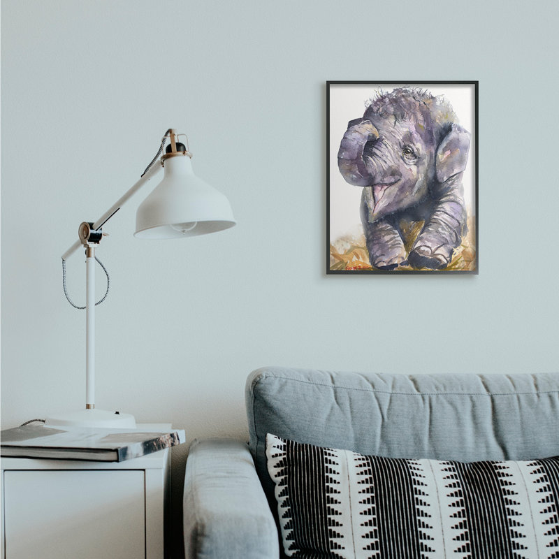 Bébé éléphant baillant adorable portrait d'un animal de safari, H 20 po x l 16 po, Giclée encadrée noir minuit