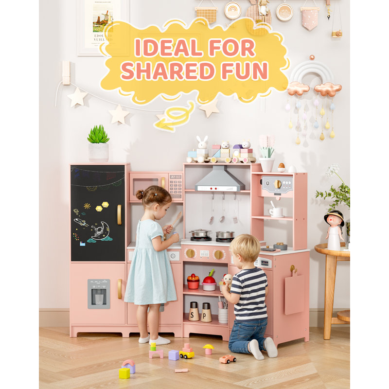 Wooden Corner Play Kitchen, Kitchen Playset With Stove & Range Hood W/lights & Sounds, Sink, Faucet, Ice Maker And Washing Machine, 6-piece Toy Set Age 3+(pink)