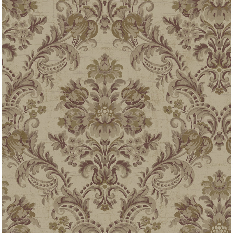 Papier peint damassé à motif floral parchemin et parchemin métallique Seabrook Designs, Taupe / Prune