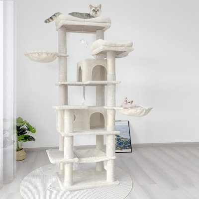 Arbre à chat 68 pouces à 6 niveaux avec coussins amovibles, poteaux à griffer en sisal, cachettes et hamacs pour chats multiples beige