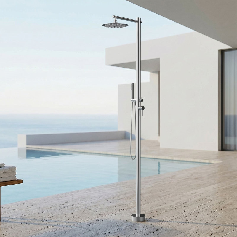 Système de douche autoportant extérieur avec douche à main et robinet à 2 poignées Ensemble de garniture de douche au sol en acier inoxydable avec valve brute