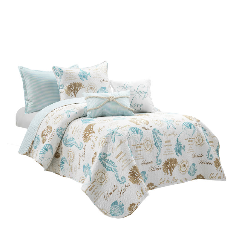 Harbor Life Blue/Taupe Microfiber Reversible Coastal 7 Piece Quilt Set, Twin Extra Long + 6 Additional Pieces