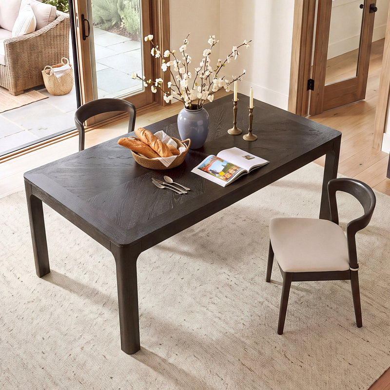 Table de salle à manger rectangulaire avec plateau de style parquet, coins arrondis, pieds courbés et pieds réglables