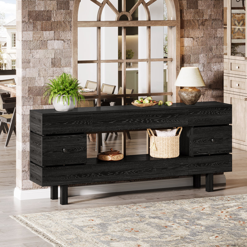 70.9" Console Table, Modern 2-Tier Entryway Table with Storage Drawers, Black