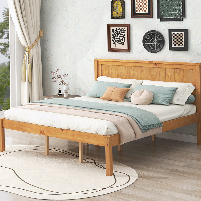 Base de lit plateforme avec tête de lit, support en lattes de bois, Espresso, Grand lit