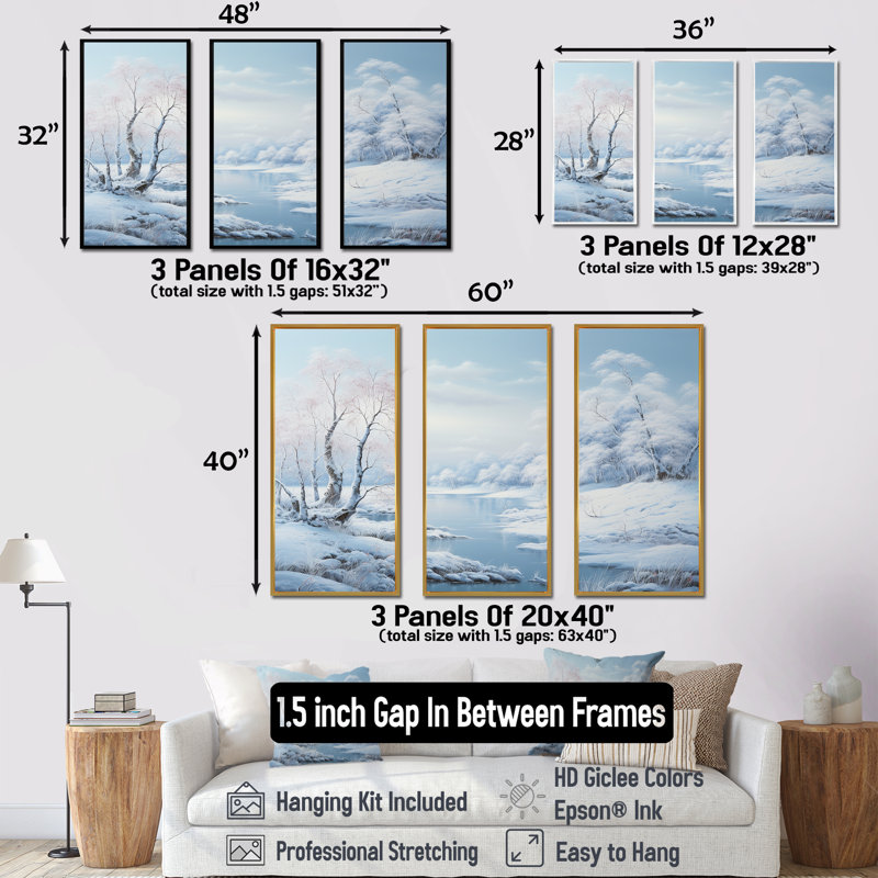 «Snow Winter Charm By The Lake» - Ensemble de décoration murale neige, Cadre naturel flottant, H 32 po x l 48 po x P 1 po
