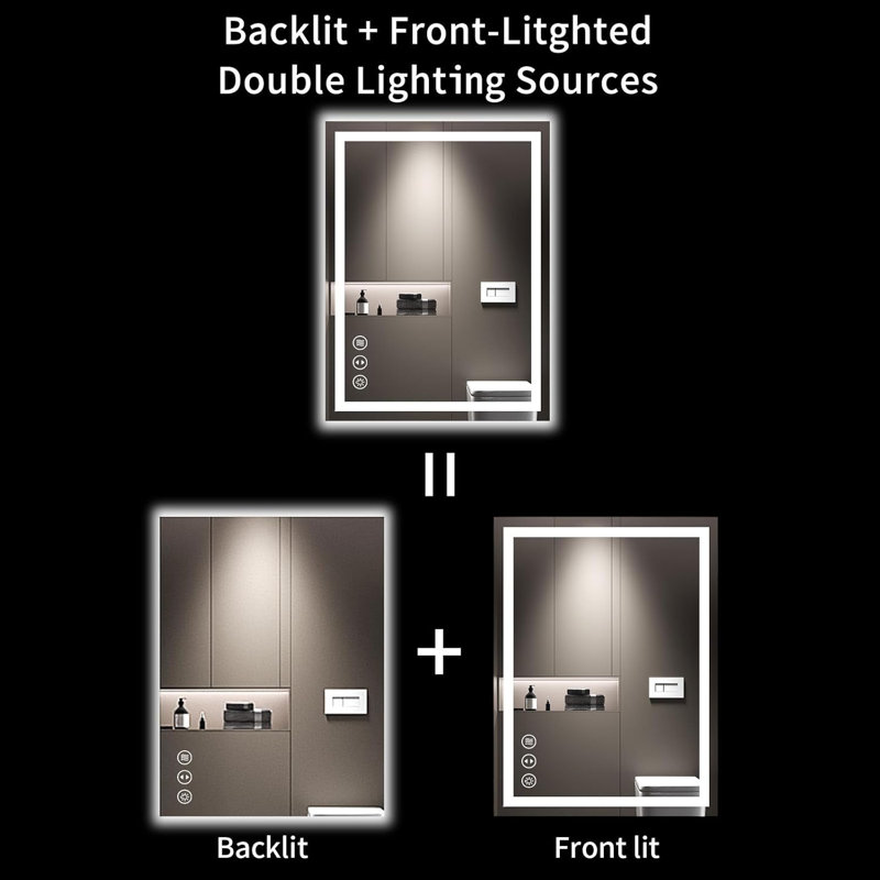 Miroir de salle de bain mural sans cadre à DEL à intensité variable et antibuée, Rectangulaire, 28 po x 20 po