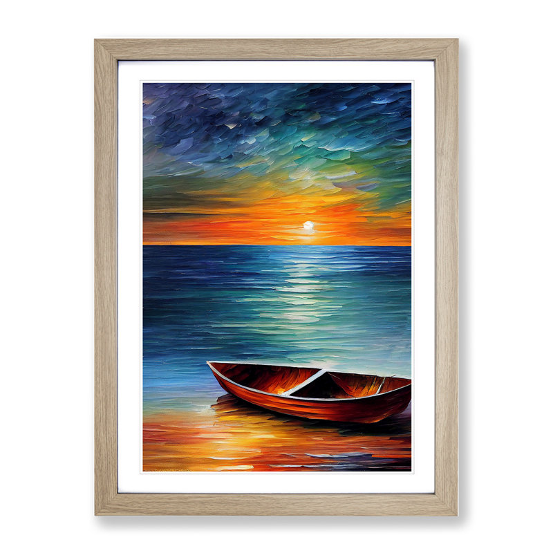 Boat at Sunset No.3 - Wall Art, 36cm H x 27cm W x 2cm D, Oak Framed, White