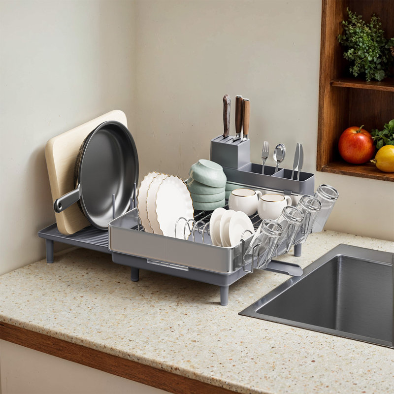 Dish Rack, Extendable Dish Dryer For Kitchen With Adjustable Spout, Utensil Holders