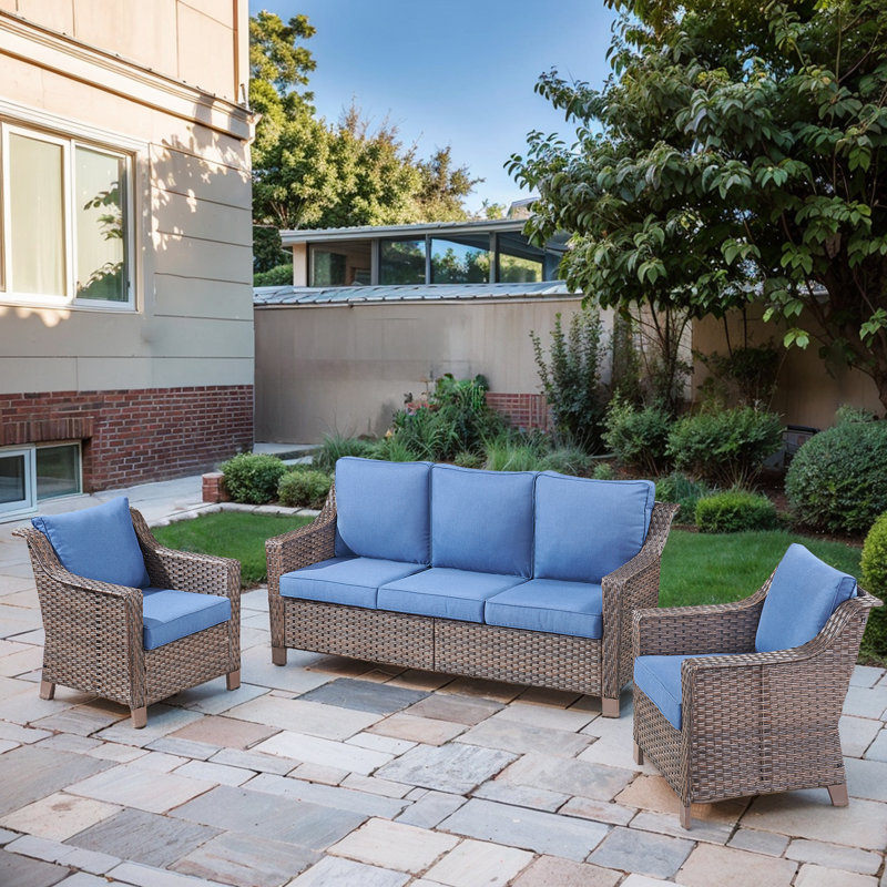 Tya 3 - Pieces Wicker/Rattan Sofa Seating Group With Cushions, Blue