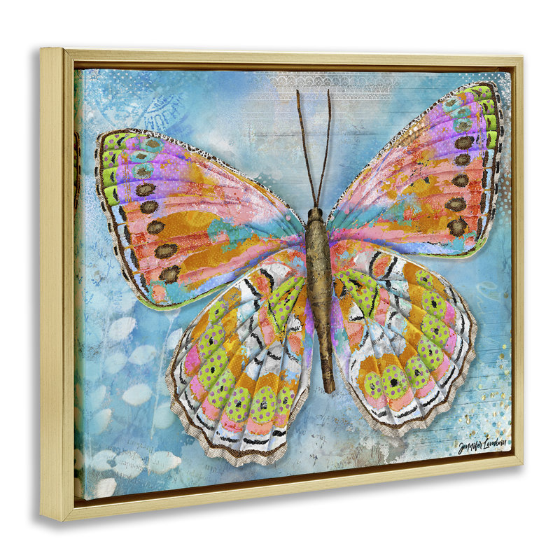 "Celebration Butterfly Wings", art mural sur toile flottant gris par Jennifer Lambein, Cadre flottant métallique doré