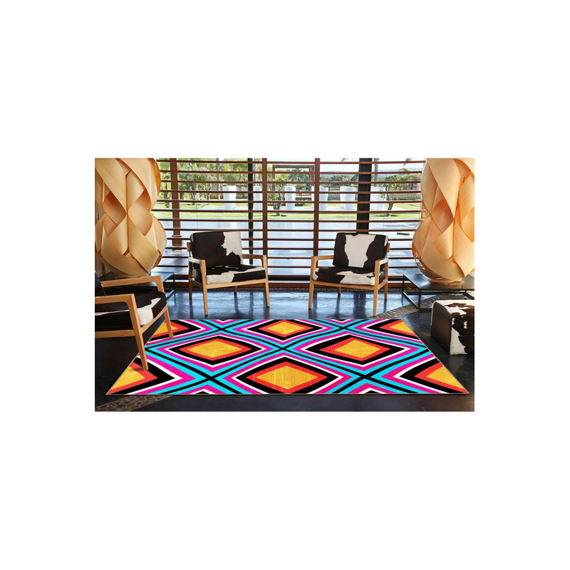 Tapis multicolore à motif géométrique et croix, Carré 3 pi 3 po