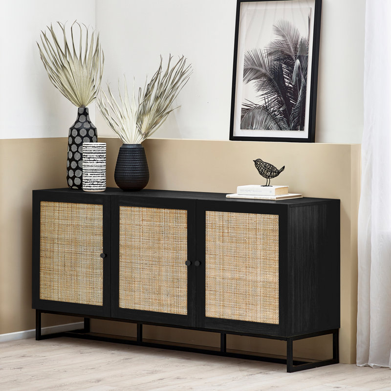 Reese 160cm Sideboard, Black/Rattan