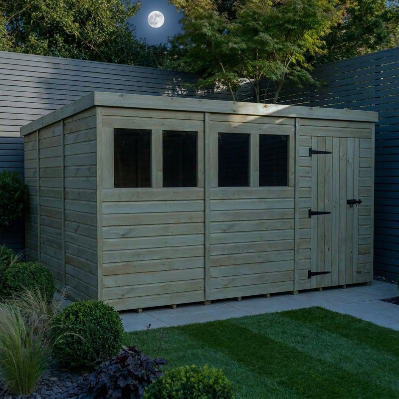 Total Sheds 12ft x 10ft Pent Garden Shed - Single Door - With Windows - Pressure Treated Timber - UK Manufactured