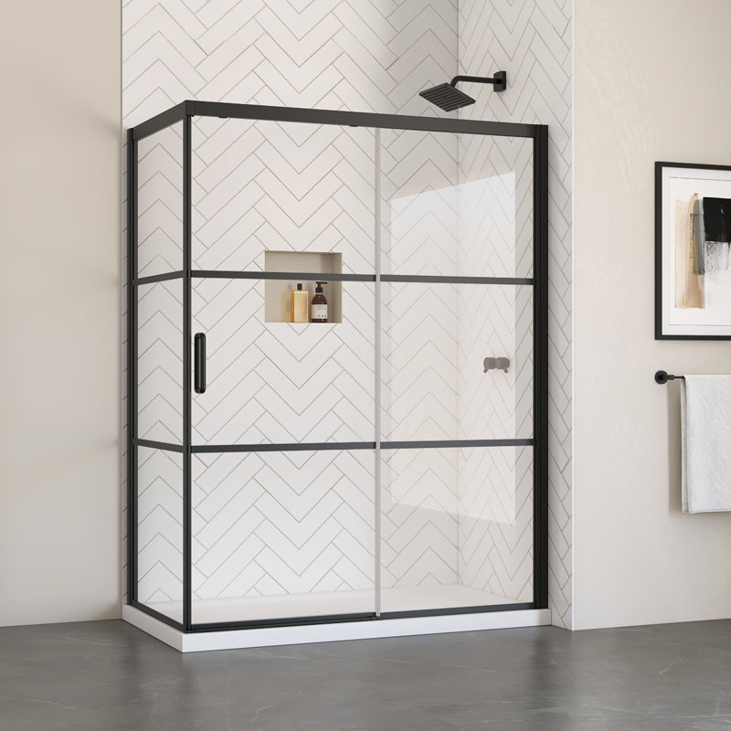 Cabine de douche à cadre noir mat Atlas avec panneau fixe et base inclus