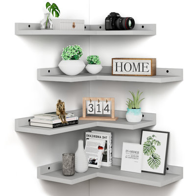 4 Tier Floating Corner Shelves Grey Set of 4, Rustic Pine Wooden Floating Corner Wall Shelf for Wall Décor Storage, L Shaped Corner Shelf Wall Mount for Bedroom, Living Room, Bathroom, Kitchen.