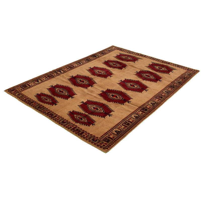 Tapis décoratif beige en laine noué à la main de conception unique 6 pi 9 po X 9 pi 2 po noué à la main New Age