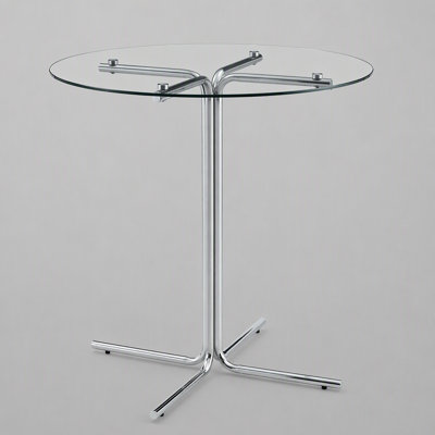 Table haute de bar ronde en verre, plateau en verre trempé de 91 cm (36 pouces), robuste piètement à quatre colonnes chromées argentées.