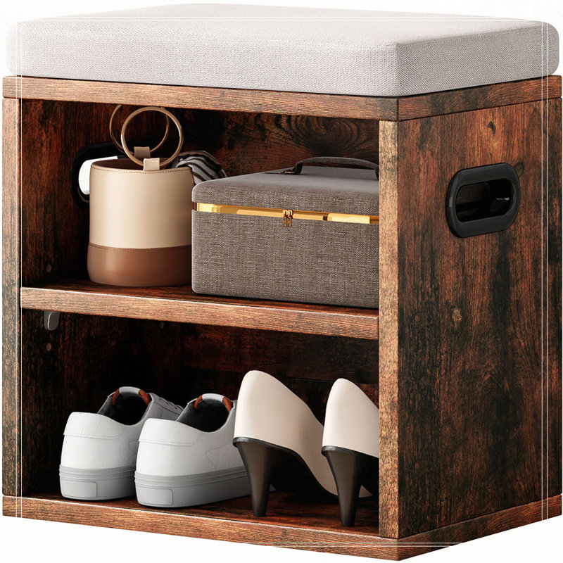 Small Cushion Shoe Bench With Shoe Rack, Beige, Rustic Brown