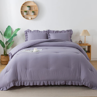 Purple Twin Size Comforter(66X90inch), 2 Pieces(1 Ruffle Comforter And 1 Pillowcase) Solid Farmhouse Shabby Chic Comforter, Lighteweight And Soft Microfiber Bedding Set