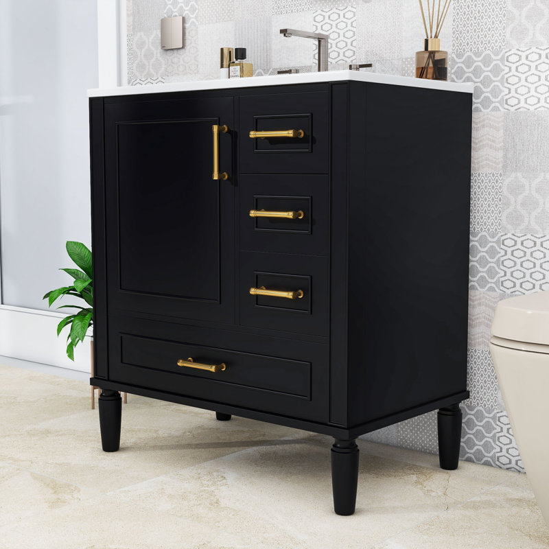 Meuble-lavabo avec trois tiroirs, poignées et portes en métal, Noir, noir, noir, noir
