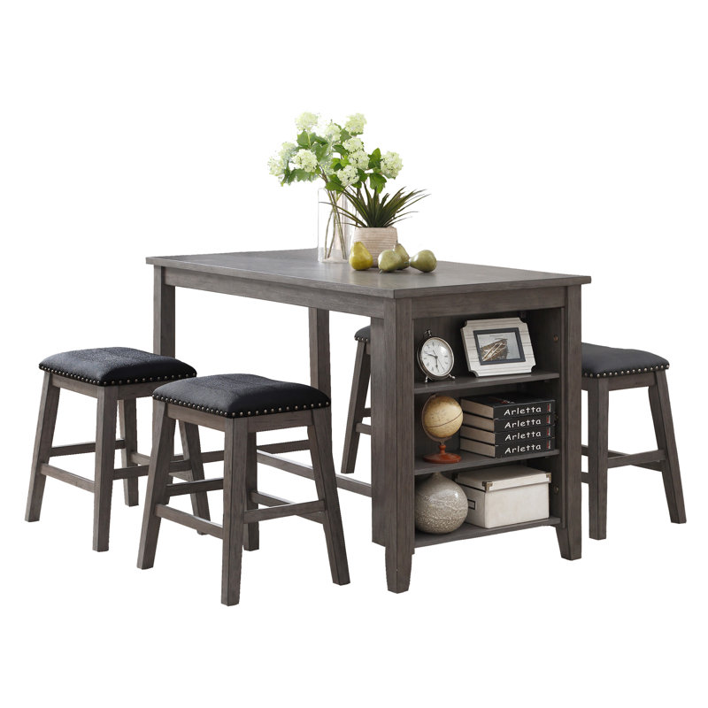 Ashwick 60" Farmhouse Counter Height Dining Set— 1 Table & 4 Stools · Built-In Shelving