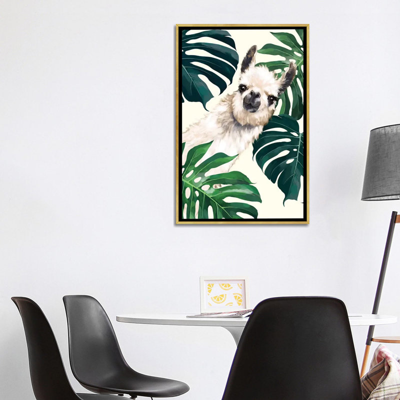 Lama sournois avec art Monstera, H 40 po x l 26 po x P 1,5 po, Toile encadrée d'or