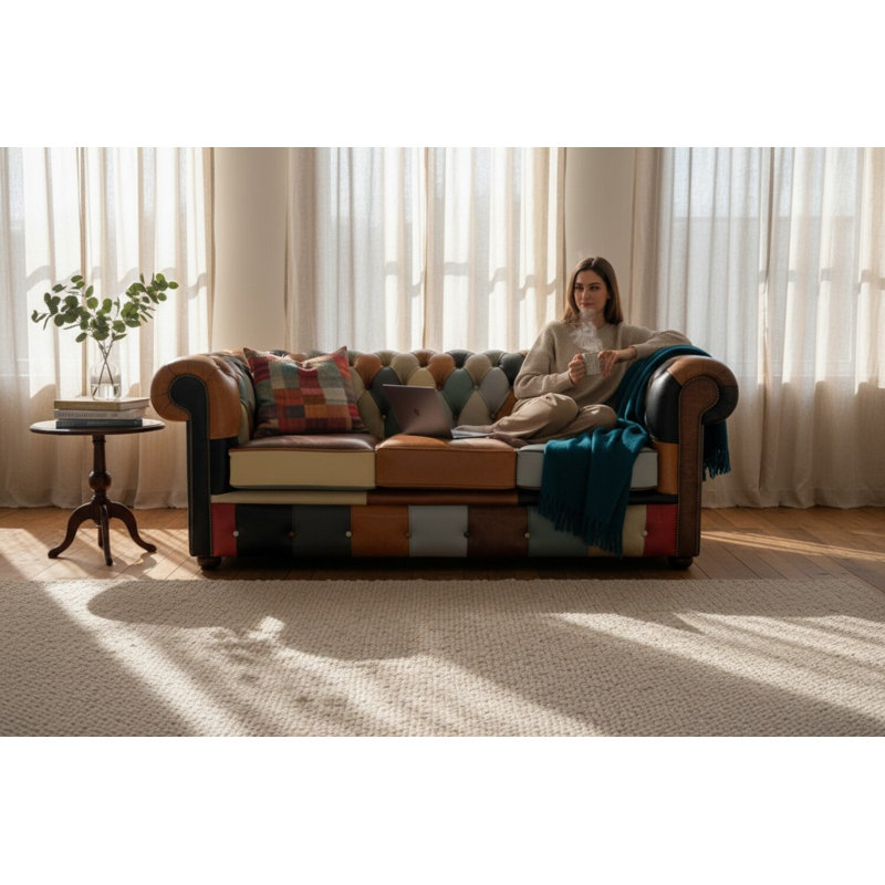 3 Seater Genuine Leather Sofa, Beige/Orange
