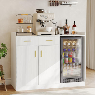 Fluted Coffee Bar Cabinet with Fridge Cubby, Charging Station & Drawers, Adjustable Shelf for Home Bar, Living Room, Kitchen