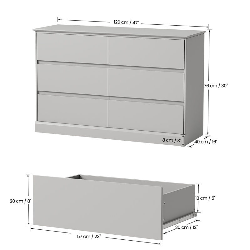 Commode double 6 tiroirs l 47,2 po, Gris