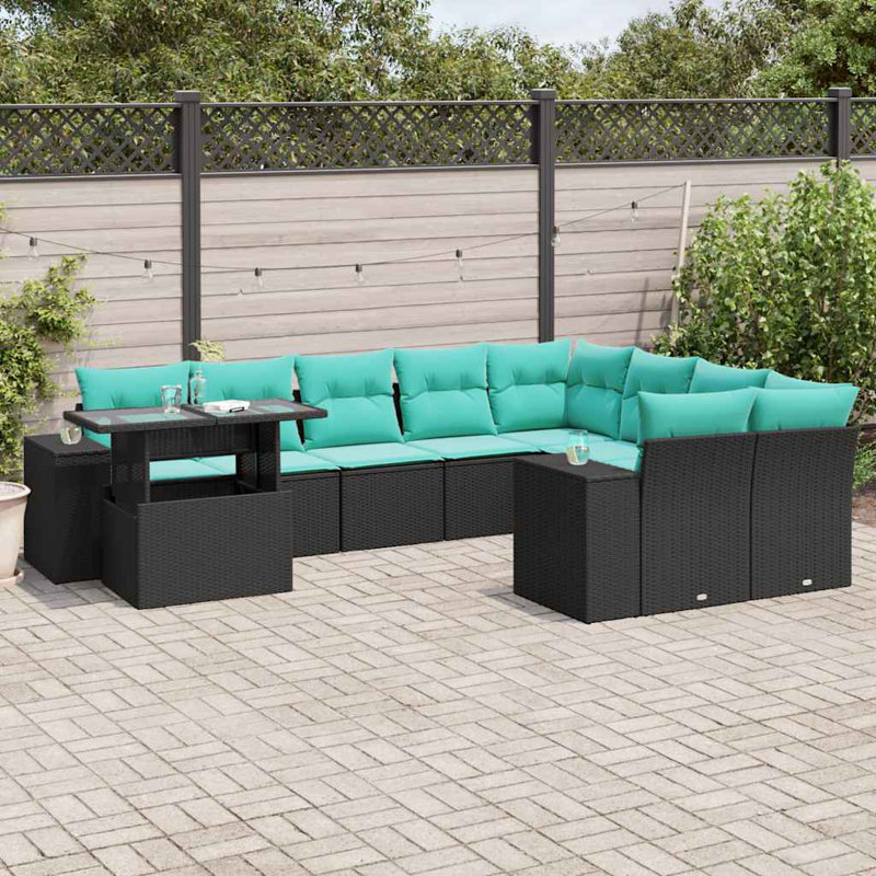 Ensemble de canapé de patio 10 pièces avec coussins en rotin de polyester, Bleu clair, Noir
