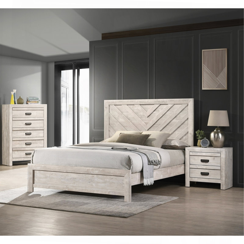 1Pc Bed Rustic Beige Grey Finish Wooden Bedroom Furniture Geometric Design Chevron Pattern, King