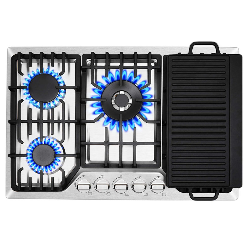 30 Inch Built-in 5 Burner Gas Cooktop With Reversible Cast Iron Griddle, 20k Btu Center Burner, 304 Stainless Steel, Ng/lpg Convertible, Csa Certified