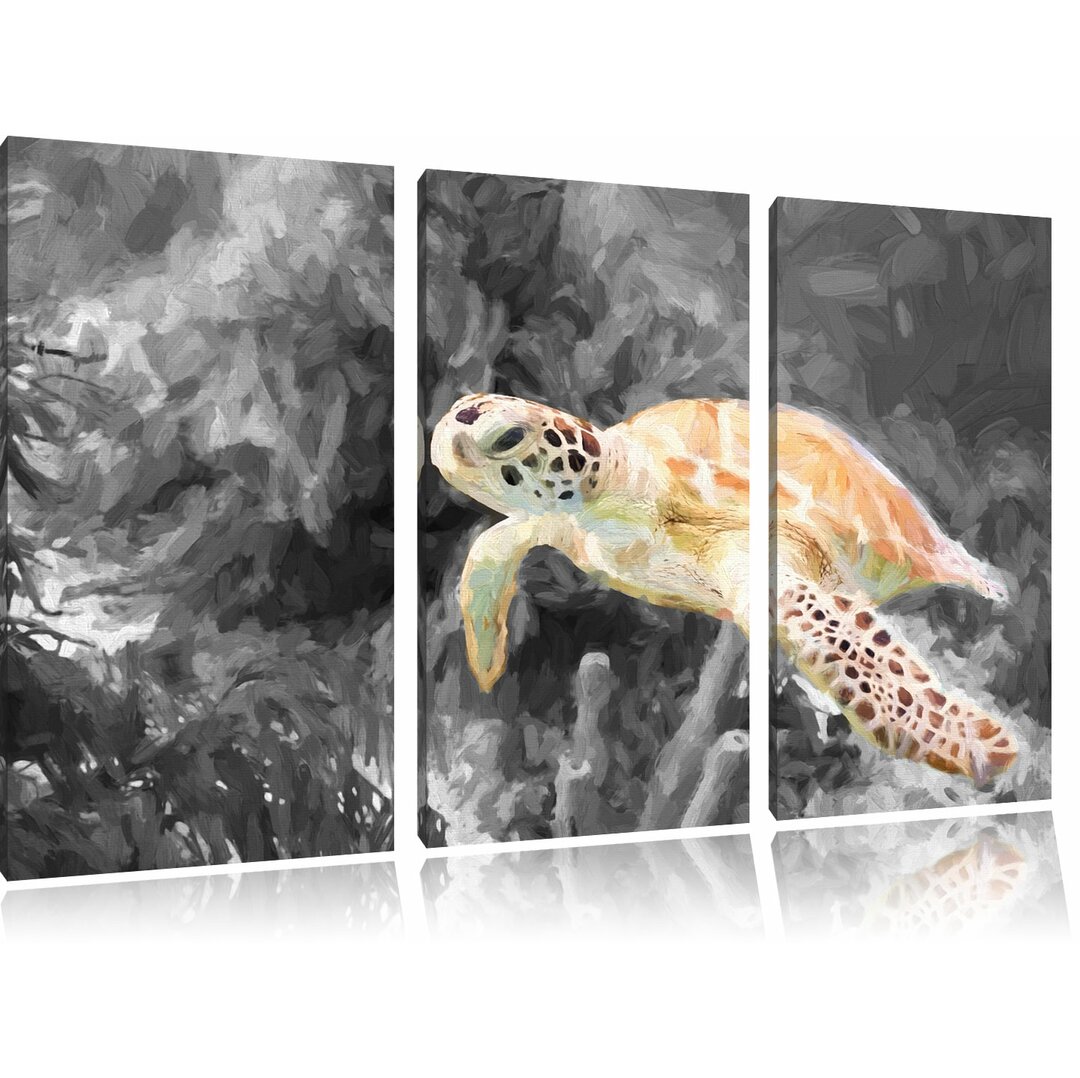 3-tlg. Leinwandbilder-Set „Schöne Schildkröte schwimmt im Meer“, Kunstdruck 